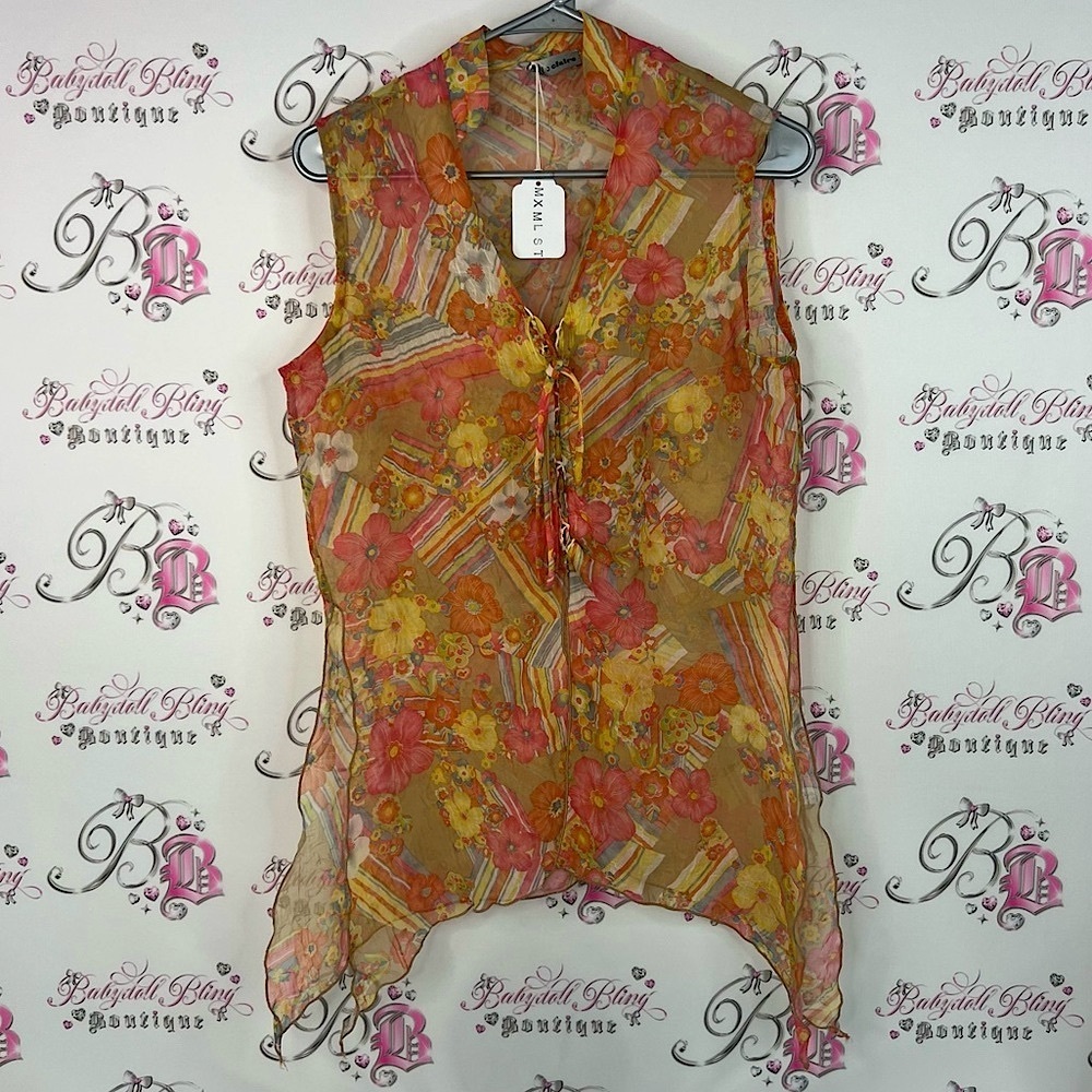 Marie Claire tank top fairy hem Charming Floral Sheer Blouse - Orange and Pink